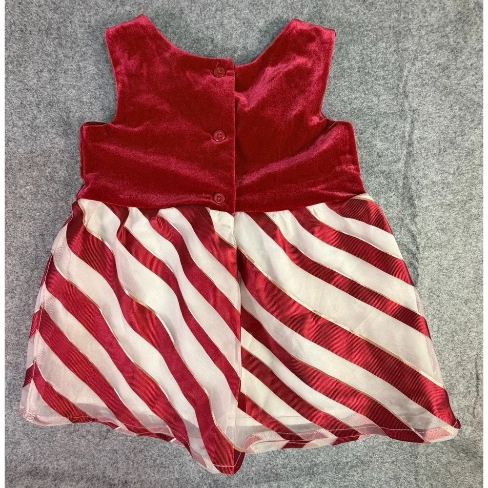 The Childrens Place Red Velvet Bow‎ Candy Cane Stripe Dress Baby Toddler 9 12M - Picture 5 of 7